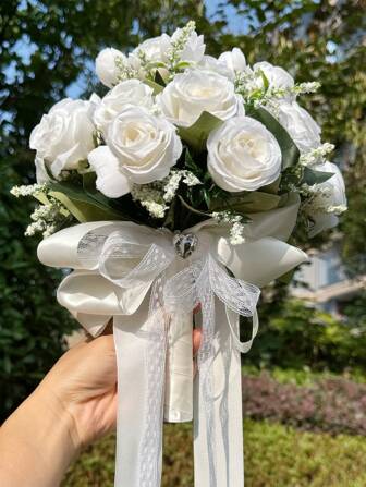 1PC Bridal Bouquet For Wedding; Lace Ribbon Tied Artificial White Rose Flower; Wedding Home Decoration; Wedding Ceremony; Bride's Hand-Held Flower; Church Wedding Ceremony Bridesmaid Prop; Outdoor Wedding Party Photography Decoration Prop