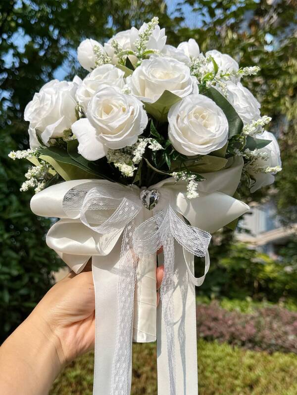 1PC Bridal Bouquet For Wedding; Lace Ribbon Tied Artificial White Rose Flower; Wedding Home Decoration; Wedding Ceremony; Bride's Hand-Held Flower; Church Wedding Ceremony Bridesmaid Prop; Outdoor Wedding Party Photography Decoration Prop