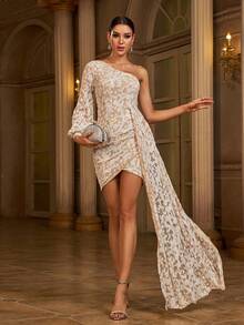 Missord Vestido formal de noche elegante con manga larga para eventos como graduación, cena o boda, con cuello asimétrico, detalles drapeados y fruncidos, estampado integral