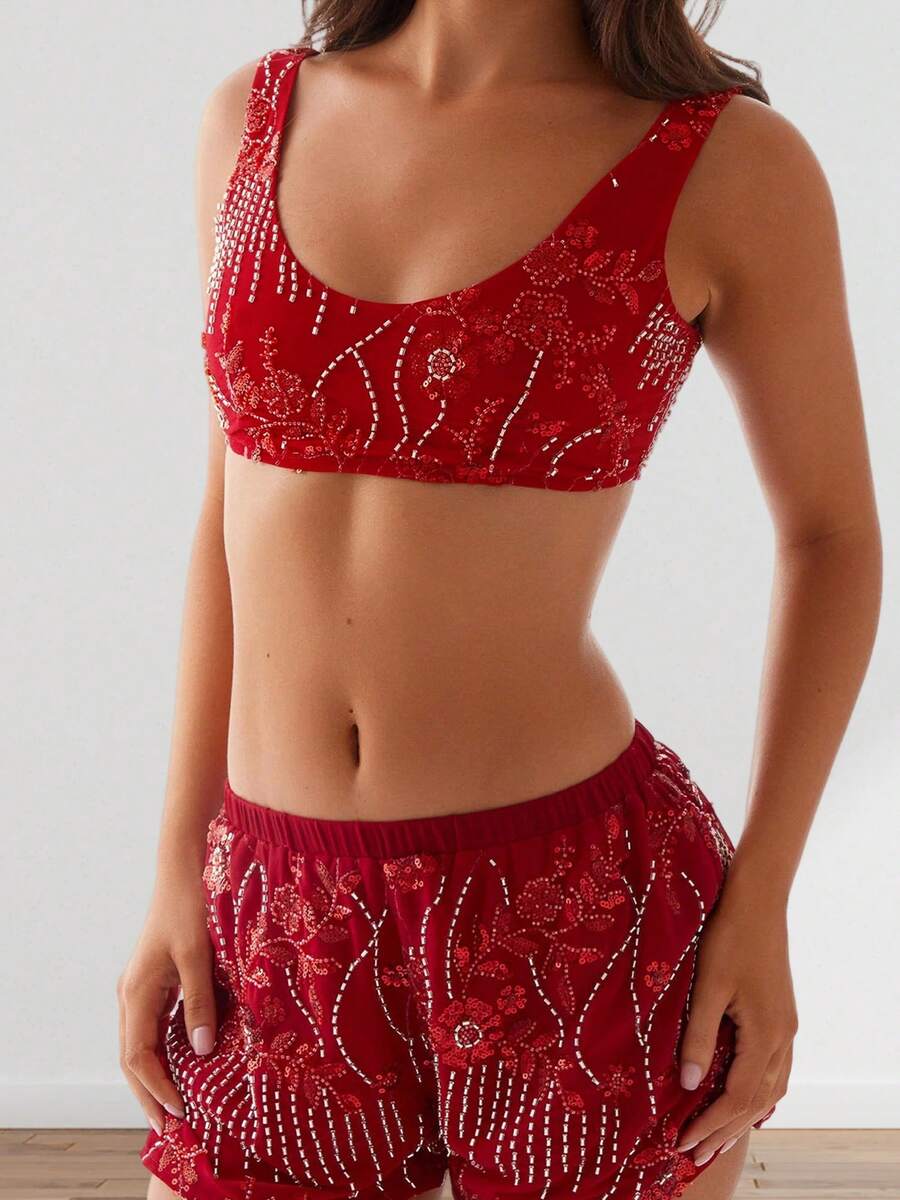 Women's Summer Sequin Bralette Slim Fit Stylish Scoop Neck Sleeveless Sparkly Crop Tops - 紅色 - 查看 1