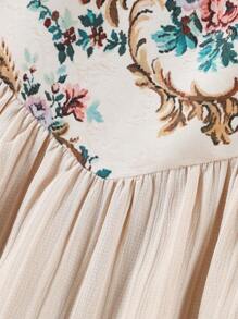 Young Girl Casual Elegant Square Neck Puff Sleeve Rose Print Dress, Spring/Summer