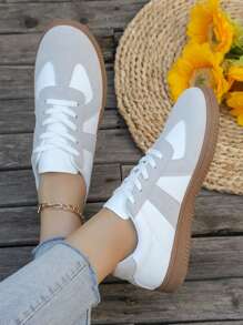 2025 New Fashionable & Versatile Women White Lace-Up Sneakers, Casual Sport Shoes, Social Media Fashion, Anti-Slip Comfortable Student Shoes, Matching With Pants, No Foot Fatigue From Long Walking
