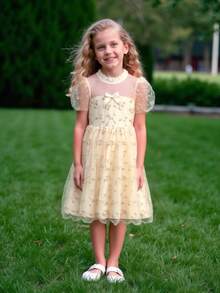 Girls Embroidered Flower Mesh Patchwork Puff Sleeve Round Neck Zipper Decorated Fashion Princess Dress, For Teens - Apricot - View 4