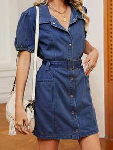 Women's Summer Denim Shirt Dress Short Sleeve Turn Down Collar Belted Jeans Dress - Dark Blue - View 5
