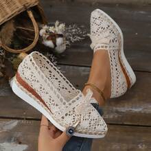 Women's Fashion Pointed Toe Loafers, Woven Lace Bow Decor Slip-On Flats - Beige - View 5