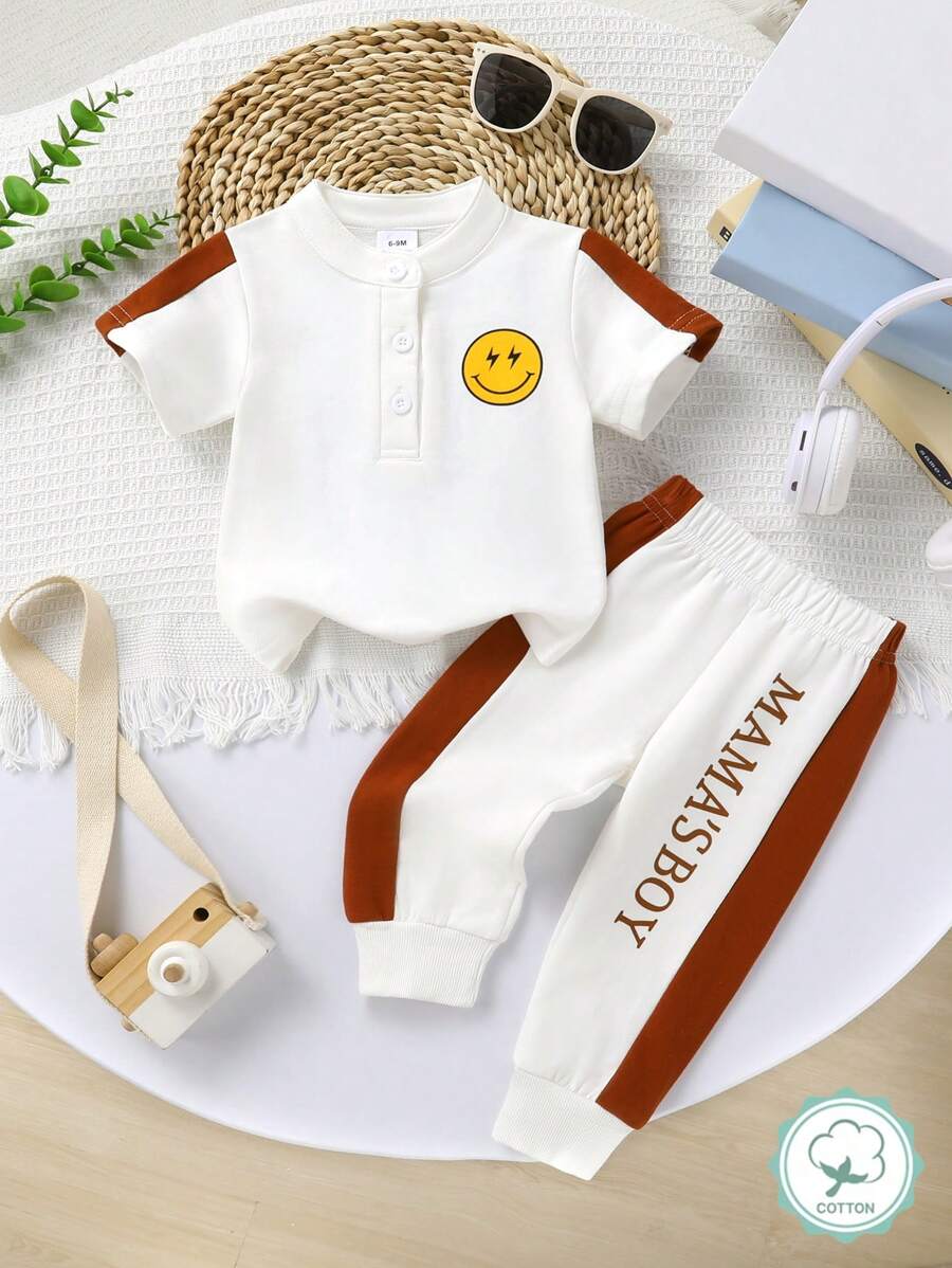 2pcs/Set Casual Cute Newborn Baby Boy Sports Outfit Set, Soft, Breathable, Comfortable, Funny Print Contrast Color Placket Collar T-Shirt And Letter Printed Pants