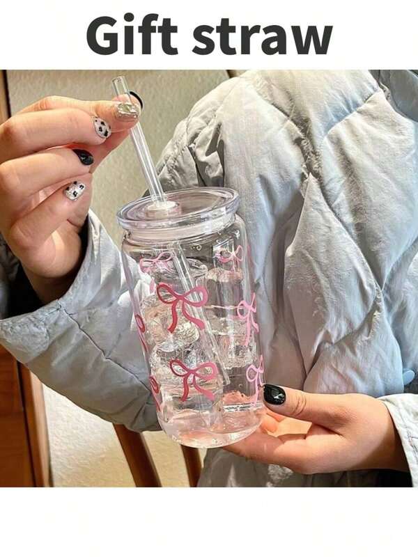 1 pièce Tasse à eau imprimée avec un nœud papillon, avec couvercle et paille, tasse d'eau en cannette de 16 oz, tasse à café glacé, convient pour le thé, le jus, le lait, cadeau d'anniversaire, adapté pour le bureau, le restaurant, la salle de classe, le pique-nique, la fête, la Saint-Valentin et le Nouvel An