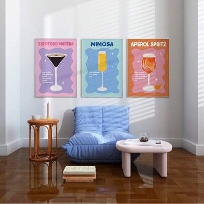 1/3 stuks levendige cocktail wanddecoratieset, retro barwagenprints met discobalpatronen en neonachtergrond, jaren 70 canvas zonder lijst voor glamoureuze decoratie in huis, bar, strandhuis of woonkamer, perfect cadeau voor haar en afstudeerfeestdecoratie (zonder lijst), reisgeïnspireerde wandprints, strandcocktailprints voor muren, kleurrijke barwagen wanddecoratie