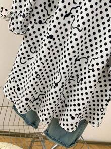 Women's High-Low Hem Polka Dot Print Longline Collared Shirt - Stage-Ready Concert Blouse For Date Nights/Festivals/Travel, All-Season Versatile Oversized Top With Front-Crop Design