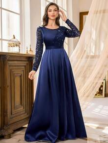 MIUSOL Sequin Floral Lace Contrast Satin Pleated Hem Long Sleeve Evening Party Maxi Dress, Semi Formal Women Dress, For Wedding Guest, Graduation, Homecoming