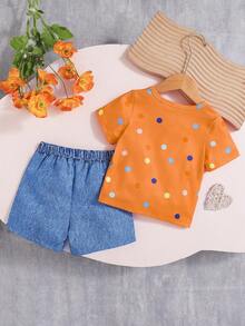 Bộ áo thun và quần short in hình mây dễ thương cho bé gái, trang phục thường ngày mùa xuân/hè. - trái cam - Xem 2