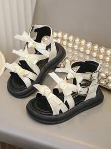Girls' Color Blocking Butterfly Decor Flat Roman Sandals, Soft & Comfortable Outdoor Wear