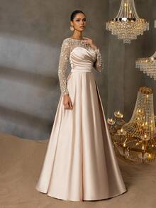 Faeriesty Đầm maxi dài tay cổ tròn thanh lịch dành cho nữ, đính hạt lấp lánh và chất liệu satin tương phản tạo nên vẻ quyến rũ, chi tiết xếp ly ở ngực, hoàn hảo cho thảm đỏ, dạ hội, đám cưới và các bữa tiệc sang trọng, tiệc cưới, vũ hội hóa trang, tiệc vườn huyền bí, bữa tối trang trọng, sự kiện thắt cà vạt đen, váy tốt nghiệp và trang phục sinh nhật cho nữ, váy mùa xuân, trang phục mùa hè. - Rượu sâm banh - Xem 10