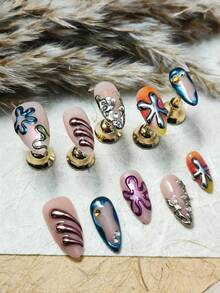 10 件中号棺材按压指甲海洋艺术风格，海星和章鱼 3D 设计，全覆盖和高品质，适合夏日派对/海滩度假，舒适贴合，指甲套装带锉刀和果冻胶 - 彩色 - 查看 5