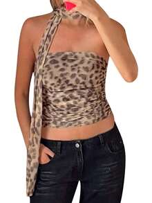 Women Crop Tube Tops Summer Leopard Print Ruched Bandeau Vest Backless Shirts And And Scarf Set For Streetwear - 紅棕色 - 查看 2