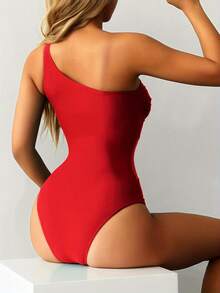 Traje De Baño Mesh Patchwork Sexy De Color Sólido Un Hombro,Traje De Baño Negro Con Un Solo Hombro,De Malla Y Contraste, Para Vacaciones De Verano - Rojo - Ver 3
