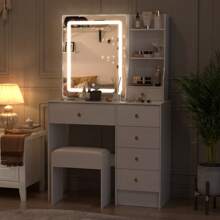 Specchio da trucco a LED in legno massello di lusso scandinavo bianco-crema in stile INS | Postazione di lavoro monoblocco + ampio cassetto portaoggetti | Area trucco da principessa femminile | Nel magazzino | Consegna veloce