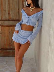 Blazique 女士两件套性感荷叶边长袖上衣和半裙，夏季 - 薄荷藍 - 查看 2