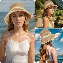 Floppy Big Beach Straw Hats Women Foldable Summer Wide Brim Packable Hat Womens Travel Straw Fedora Hat - Khaki-beige - View 5