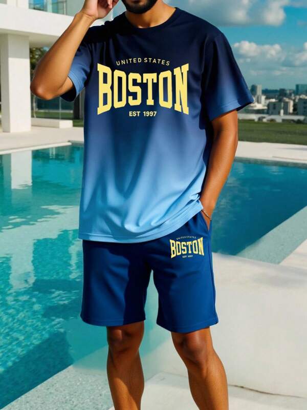 2pcs/Set Men's Summer Boston Letter Design Print T-Shirt & Shorts Casual Sports Outfit