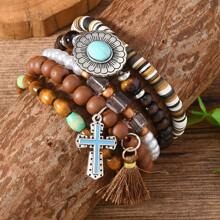 Set de 5 pulseras de mujer con estilo bohemio - Colgantes elegantes con cruz, flores y cuentas, accesorio de moda diario
