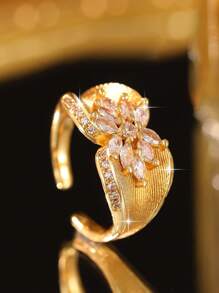 1pc Fantasy Flowers Shape 18k Gold Plated Engagement Rings For Women Luxury Hallow Cubic Zirconia Wedding Ring For Daily Decoration, Banquet, Prom, Party Jewelry Gift