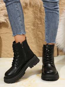 Botas de Moda Feminina de Estilo Preppy, Botas Ankle com Forro Térmico e Zíper Lateral, Botas Femininas de Cano Médio, Sola Grossa Anti-Derrapante, Botas Casuais de Inverno