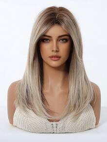 棕色渐变假发，中长发，无刘海，耐热合成发，柔软，逼真，透气，适合初学者，适合女性派对、日常通勤、节日、旅游，16 英寸 - 漸層棕色 - 查看 5