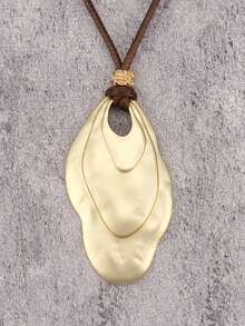 1 件简约个性化时尚椭圆形金合金和棕色蜡绳串珠项链，男女通用项链，送给男朋友/女朋友的礼物 - 臘繩 - 查看 2