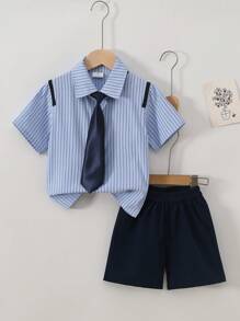 3pcs Boys Casual Set, Loose Fit Shirt, Shorts, Striped Shirt, Suitable For Toddlers, Party & Birthday, Summer Outfit