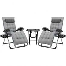 Sun Lounger Set Of 3, Garden Lounger, Folding Deck Chair, Load Capacity 160KG, Removable Seat Cushion, Adjustable Backrest, Neck Pillow And Cup Holder, Outdoor Armchair, Beach Lounger - 灰色 - 查看 1
