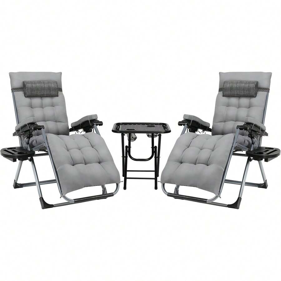 Sun Lounger Set Of 3, Garden Lounger, Folding Deck Chair, Load Capacity 160KG, Removable Seat Cushion, Adjustable Backrest, Neck Pillow And Cup Holder, Outdoor Armchair, Beach Lounger - 灰色 - 查看 1