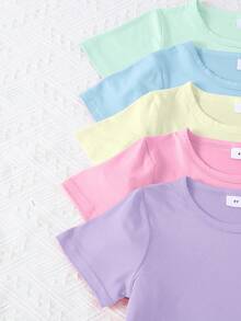 5pcs/Set Girls' Casual Solid Color Comfortable Knit Fabric T-Shirt Outdoor Sets, Spring/Summer - Multicolor - View 3