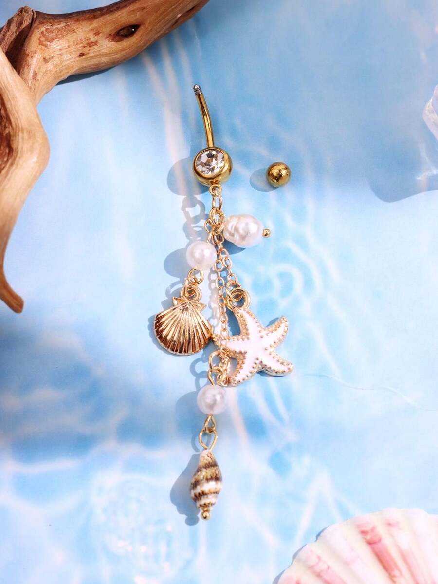 1 件时尚休闲优雅性感海滩度假海洋风格贝壳海星贝壳白色肚脐环海滩度假身体首饰女士 - 彩色 - 查看 1