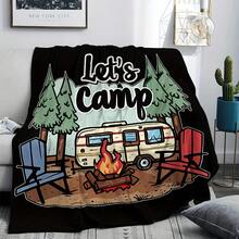 1pc Comfortable Vintage Camping RV Flannel Blanket With "Let's Camp" Design, Featuring Forest, Adirondack Chair And Campfire Prints - Great For Camping Lovers, Easter, St. Patrick's Day And Seasonal Farmhouse Decor - Multi-Purpose Picnic Blanket Or Gift Idea, Machine Washable, Year-Round Use, Camping Accessory - Multicolor - View 3