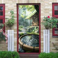 1 套/2 件自粘防水防污门贴纸 - 充满活力的花园风景，瀑布、苔藓和传统房屋，可移除壁画，适用于客厅或入口，花园墙艺术门贴花 - 彩色 - 查看 6