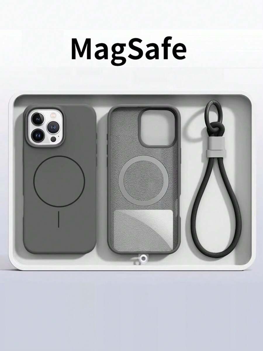 Magnetic Liquid Silicone Phone Case Compatible With IPhone 16 Pro Max, With Anti-Lost Lanyard - Graphite - View 1