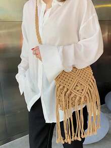 轻巧的半圆形流苏包，女士夏季斜挎包，休闲手提包，迷你简约草编包，母亲节礼物，适合妈妈，适合少女，女大学生，非常适合大学、户外、旅行、郊游、搭配