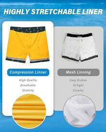 Swim Trunks Mens 5 Inch Inseam Compression Liner Short Men Bathing Suit Lined Swimming Shorts Men's Swim Suits - 鳳梨海軍藍 - 查看 2