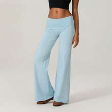 Women Low Waist Flare Leggings Fold Over Yoga Pants Wide Leg Stretchy Bootcut Bell Bottoms Lounge Sweatpants - 淺藍色 - 查看 1
