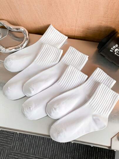 6 Pairs Beige Women/Men Mid-Calf Socks, Breathable College Style Long Tube Socks, Autumn/Winter Korean Version