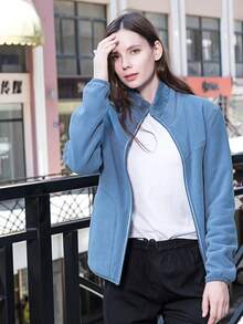 双面女士抓绒外套，380克加厚保暖羊羔绒面料，多功能休闲户外徒步露营城市通勤运动服，秋冬季滑雪适用 - 霧霾藍 - 查看 3