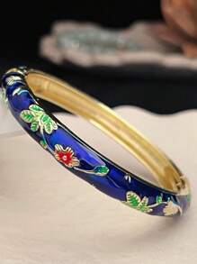 1 pieza Pulsera bohemia nueva y elegante estilo con esmalte champlevé chapado en oro y patrón floral, adecuada como joyería para mujeres y niñas