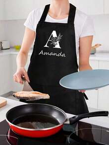 1 pieza Delantal de cocina personalizado con letra de monograma A-Z en negro, delantal moderno de poliéster resistente al aceite, delantal de cocina negro, delantal de poliéster para jardín, cocina y tareas del hogar perfecto para el hogar, restaurante y cocina - Multicolor - Ver 2