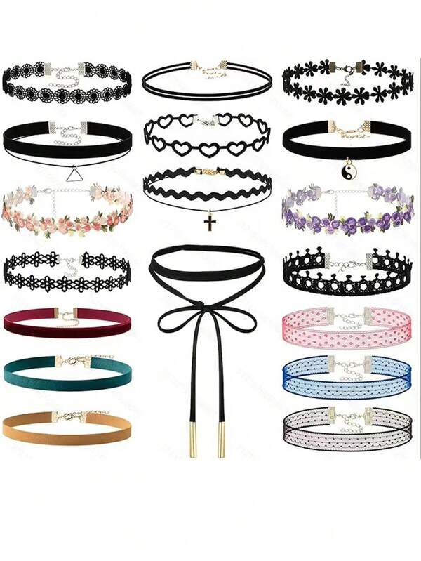 18Pcs Gothic Minimalist European American Style Choker Necklace Lace Collar Jewelry Set