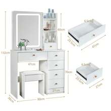 Specchio da trucco a LED in legno massello di lusso scandinavo bianco-crema in stile INS | Postazione di lavoro monoblocco + ampio cassetto portaoggetti | Area trucco da principessa femminile | Nel magazzino | Consegna veloce