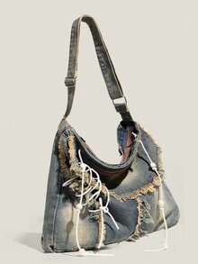 复古超大水洗棉牛仔单肩包，Y2K 复古斜挎包，时尚百搭休闲通勤牛仔斜挎包，不对称系带，木珠装饰，轻便手提包，可调节肩带 - 藍色 - 查看 10