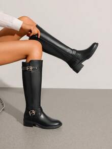 Women's Riding Knee High Boots Knit Round Toe Side Zipper  Low Block Heel Motorcycle Boots Fashionable Comfortable Outdoor Biker Buckle Boots