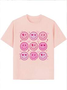 1pc Girls Teens Heart & Smiling Face Print Short Sleeve T-Shirt, Comfortable & Fashionable Summer Top For Students & Young Girls