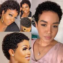 Krótkie kręcone peruki typu Pixie Cut z ludzkich włosów wstępnie wyrwane z baby hair Popularne krótkie peruki afro kręcone 4-calowe brazylijskie fale wodne Krótkie peruki z ludzkich włosów kręcone gotowe do noszenia w 3 sekundy w pełni maszynowo wykonane naturalny czarny kolor w promocji